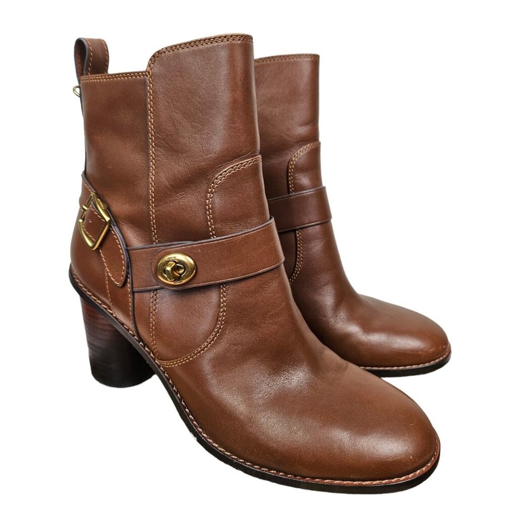 Coach Women’s Moto BTE Block Heel Brown Saddle Leather Ankle Boot Size 8.5 B